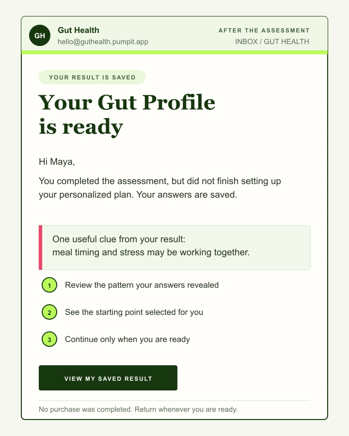 Gut Health email reminding a non-buyer that their assessment result is saved