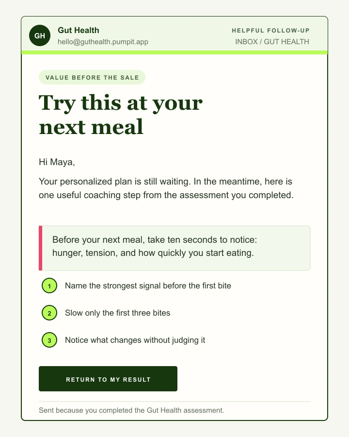 Gut Health recovery email providing a useful coaching step before purchase