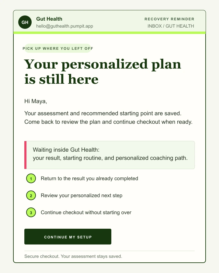 Gut Health recovery email inviting the reader back to continue checkout